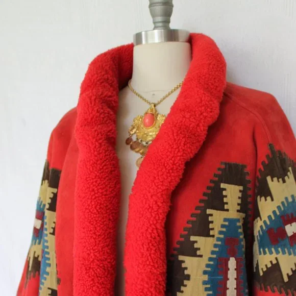Vintage Valentino Boutique Shearling leather suede Aztec Tribal jacket coat - Picture 6 of 13